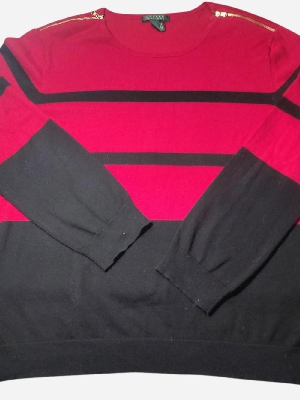 Ralph Lauren Red and Black Striped Crewneck Sweater with Shoulder Zips